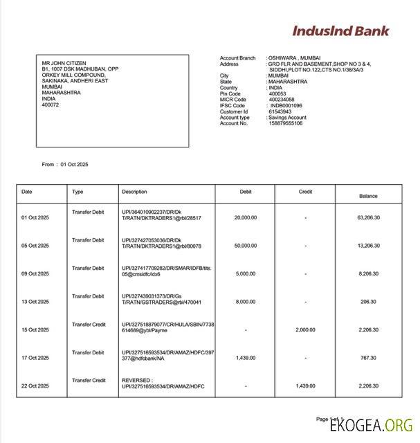 Modèle Word et PDF de relevé de compte IndusInd Bank pour l'Inde
